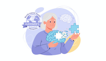 Alzheimer's disease concept: Elderly woman with gray hair holds a fragmented brain puzzle piece, symbolizing memory loss and cognitive decline, with a world mental health emblem and brain
