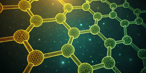 Abstract molecular structure with interconnected spheres and lines on a dark background