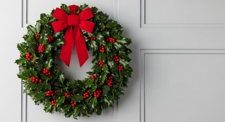 Holly wreath with red bow on a gray door holiday decor