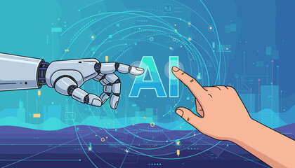 Futuristic AI concept with a robot hand and a human hand reaching out to touch the letters 'AI' against a backdrop of glowing digital circuits, data streams, and abstract technological elements