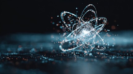 Abstract Scientific Structure With Orbital Paths of Light Particles and Glowing Center Floats on a Dark Surface
