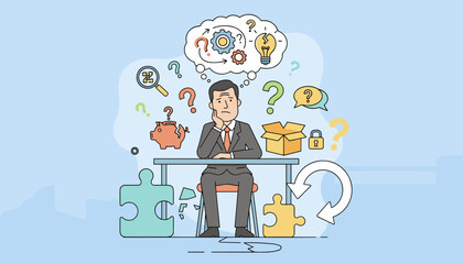 Confused businessman sitting at a desk surrounded by question marks, puzzle pieces, a broken piggy bank, and a lightbulb with a crack, symbolizing doubt, problem-solving, and curiosity in business