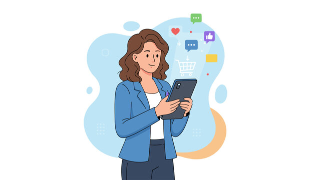 A woman in a blue blazer uses a tablet, engaging with social media marketing concepts like shopping carts, likes, thumbs up, messages, and email, symbolizing online communication and e-commerce in a - Powered by Adobe