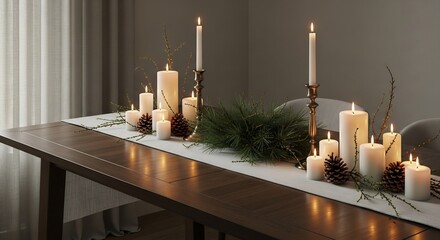 Lit candles and pine cones on a table runner adorn a wood table with curtains softly framing the scene
