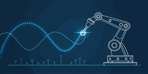Robotic arm with blue dotted line and vertical lines on a dark blue background illustration