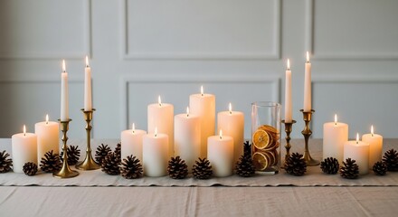 Lit candles and pinecones are displayed on a beige cloth in front of a paneled wall