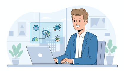 Smiling businessman in a blue suit working on a laptop, with a futuristic holographic interface displaying EDI icons, cloud computing, gears, and network connections, symbolizing digital