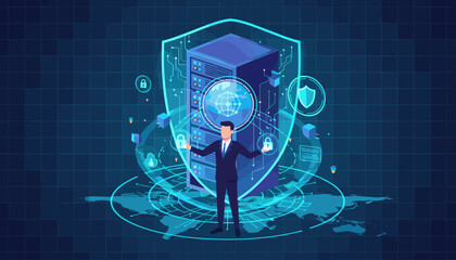Businessman standing in front of a server rack protected by a digital shield, symbolizing cybersecurity and data protection, with glowing icons of locks, cubes, and a globe representing global
