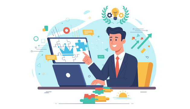 Successful businessman in a suit points to a laptop screen displaying a jigsaw puzzle with a crown icon, symbolizing strategy and problem-solving, with growth charts and lightbulb icons in the