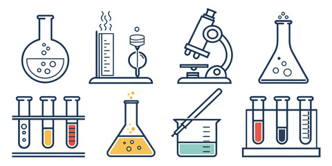 Illustration of laboratory equipment including flasks test tubes and a microscope image vector