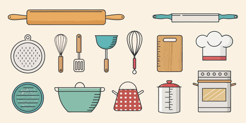 Illustration of kitchen utensils including rolling pins whisks and pots on a light background