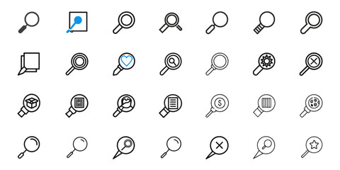 A collection of various magnifying glass icons arranged in a grid pattern on a white background