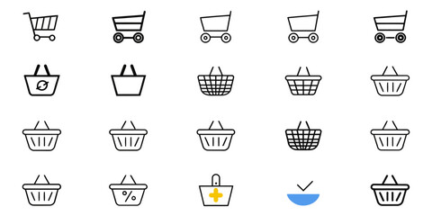 Assorted shopping cart and basket icons in black and white on a white background displayed in rows