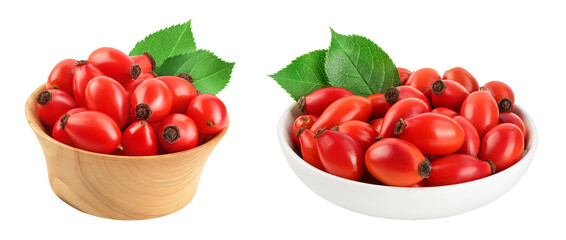 Rose hip in wooden and ceramic bowl isolated on a white background with full depth of field
