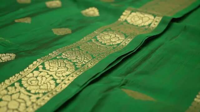 Close-up of an exquisite green vaira oosi silk saree a timeless Indian fashion