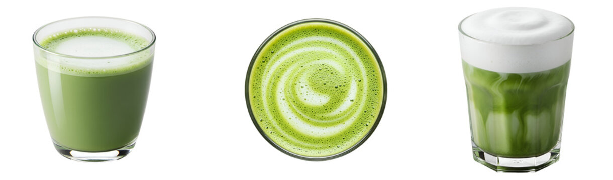 Delicious matcha latte art and matcha tea latte drink in glass cups healthy beverage food photography on transparent background