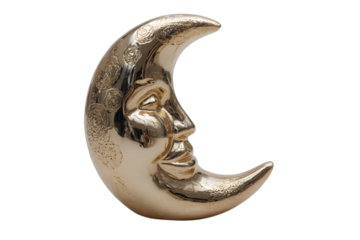 Ornate golden crescent moon with human face detail