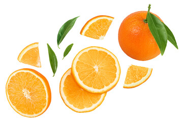Orange fruit slices isolated on white background. Top view. Flat lay.