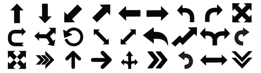 Arrows glyph icon set. Vector pictograms of direction, black sign silhouette illustration.
