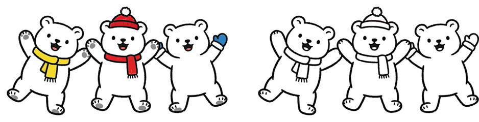 Cheerful Cartoon Polar Bears Waving - Winter Friends with Scarves and Hat