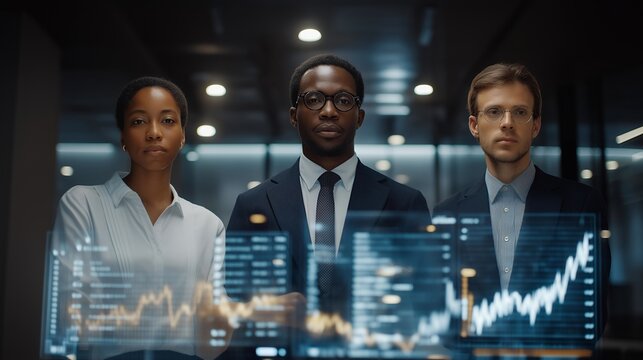 Team of diverse professionals in glass-walled office using holographic transparent displays filled with currency exchange rates, global stock market trends, and analytics, symbolizing corporate - Powered by Adobe