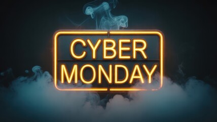 Cyber monday neon sign glowing with smoke for online sales event