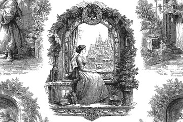 Traditional European Christmas scenes. Seamless vector pattern. Vintage engraving or ink drawing style vector illustration.