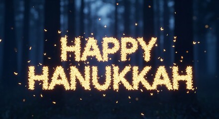 Warm Hanukkah greetings shine in a forest setting. Perfect for holiday e-cards, social media posts, or festive season promotions. Celebration and holiday spirit!