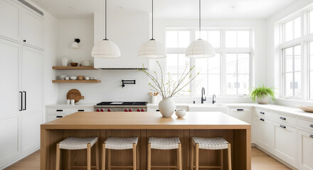 A bright and airy modern kitchen with a large wooden island and white cabinetry, featuring pendant lights and a large window.