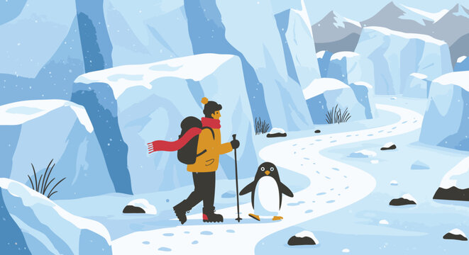 Man and penguin walking on a snowy path surrounded by ice mountains, winter adventure illustration
