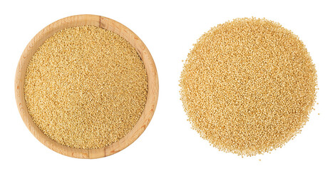 Amaranth grain seeds in wooden bowl isolated on white background. Top view. Flat lay