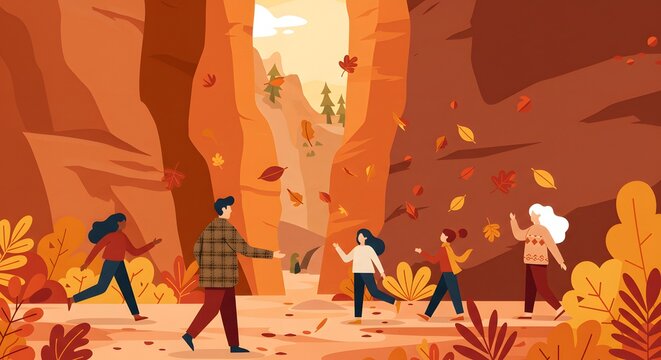 Autumnal Canyon Exploration People Enjoying Fall Foliage in a Scenic Natural Landscape