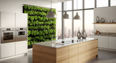 Modern kitchen with a large vertical garden wall and a wooden island, overlooking a city skyline.