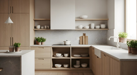 A bright and modern kitchen with light wood cabinetry and open shelving, featuring a kitchen island and a sink area.