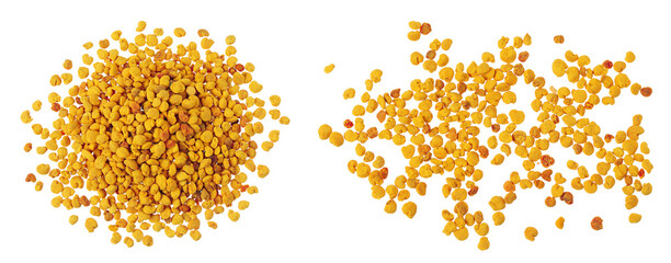 Bee pollen grains isolated on white background. Top view. Flat lay