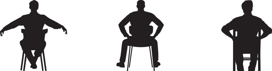 Three man silhouettes sitting on a chair in different relaxed and confident poses, isolated on white background, concept of attitude, body language, leadership, and workplace communication.