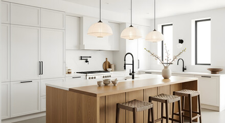 A modern, minimalist kitchen with a large wooden island and pendant lights.