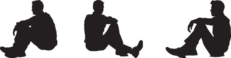 Three sitting man silhouettes isolated on white background, showing different thoughtful poses of a person resting or relaxing, concept of loneliness, depression, or deep contemplation.