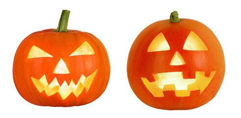 Funny Jack O Lantern halloween pumpkin with candle light inside isolated on white background