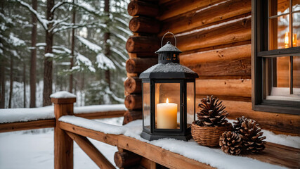 Cozy cabin porch lantern with pinecones and fresh winter snow