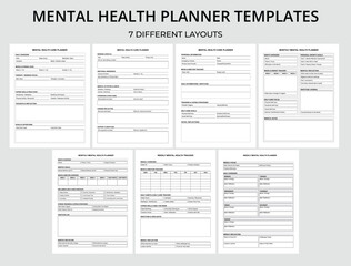 Mental Health Planner Templates Bundle, 7 Different Layouts Printable Vector Illustration EPS10
