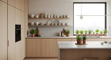 A bright and airy modern kitchen with light wood cabinetry and open shelving displaying various kitchenware and potted plants.