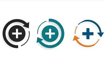 Obraz premium Modern Circular Medical Icons with Plus Signs and Arrows Representing Healthcare Innovation Recovery and Continuous Improvement