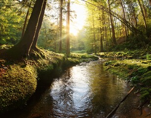 forest creek in warm sunlight