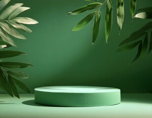 empty podium with leaves and shadows on green background for product presentation copy space