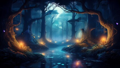 gloomy fantasy forest scene at night with glowing lights