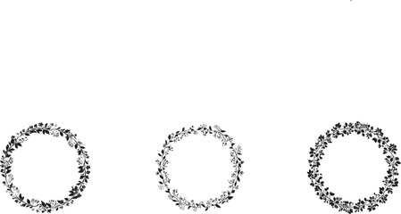 Set of elegant floral wreaths in black silhouette style on white background, featuring decorative circular botanical frames perfect for invitations, logos, packaging, and minimalist design projects.
