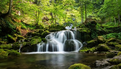 waterfall cascades in a green forest
