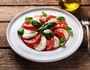 healthy traditional italian organic vegetarian caprese antipasti salad with mozzarella tomatoes basil and olive oil on white plate vintage wooden table background rustic style and natural light
