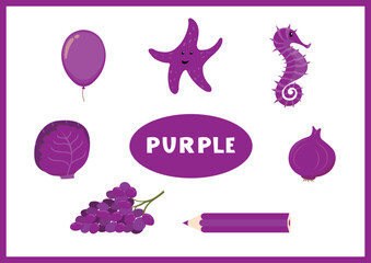 Learn the purple color. Education set of one color objects. Vector flat illustration for posters, worksheets and activities for kids.